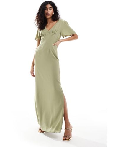 Pretty Lavish Bridesmaid Flutter Sleeve Chiffon Maxi Dress - Green