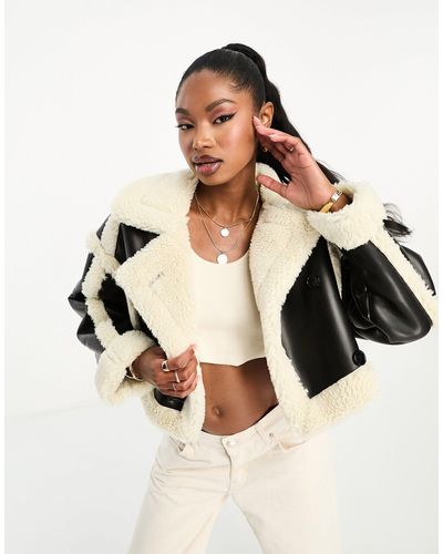 Aria Cove Faux Shearling Contrast Leather Look Cropped Coat - Natural