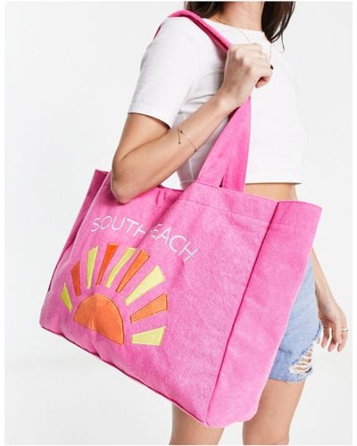 South Beach Towelling Embroidered Beach Tote Bag - Pink