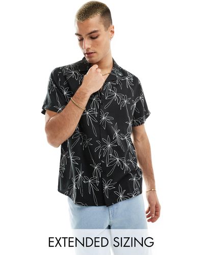 ASOS Relaxed Revere Beachy Shirt With Palm Tree Print - Black