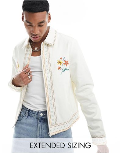 ASOS Cropped Harrington Jacket With Embroidery - White