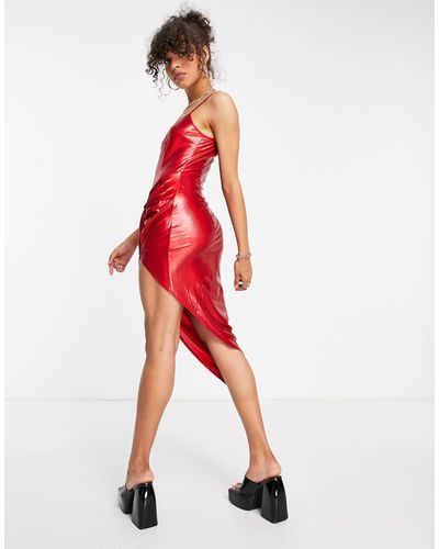 Public Desire Slinky Satin Midi Dress With Knot Detail - Red