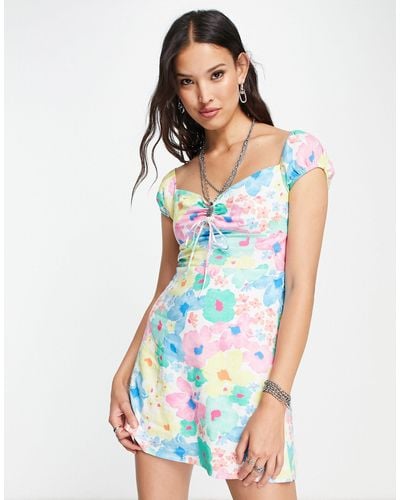 Bershka Puff Sleeve Tie Front Mini Dress - Multicolour