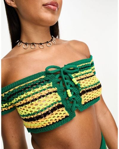 Collusion Crochet Off Shoulder Crop Top - Green
