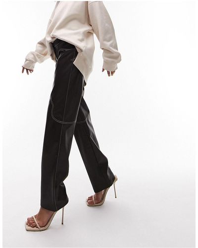 TOPSHOP Pantalon large en similicuir avec surpiqûres effet western - chocolat - Blanc