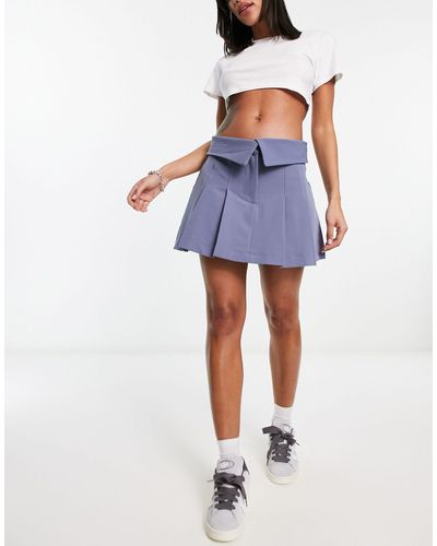Bershka Folded Waistband Pleated Mini Skirt - Blue