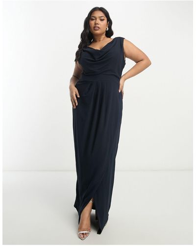 Tfnc Plus Bridesmaid Chiffon Wrap Maxi Dress With Cowl Neck Front And Back - Blue