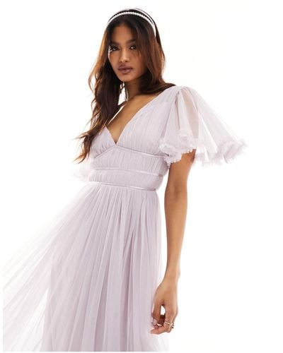 Beauut Bridesmaid Tulle Maxi Dress With Flutter Sleeve - Pink