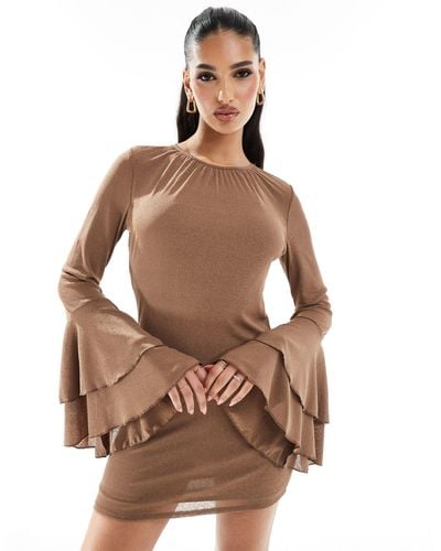 ASOS Textured Long Sleeve Frill Cuff Mini Dress - Brown