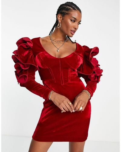 ASOS exaggerated Sleeve Velvet Corset Mini Dress - Red