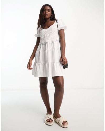 ASOS Short Sleeve Mini Tiered Smock Dress With Crochet Detail - White