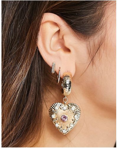 ASOS Drop Earrings With Heart And Pink Crystal Design - Black
