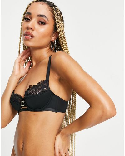 We Are We Wear Microfibre Lace Trim Plunge Bra With Logo Detail - Black