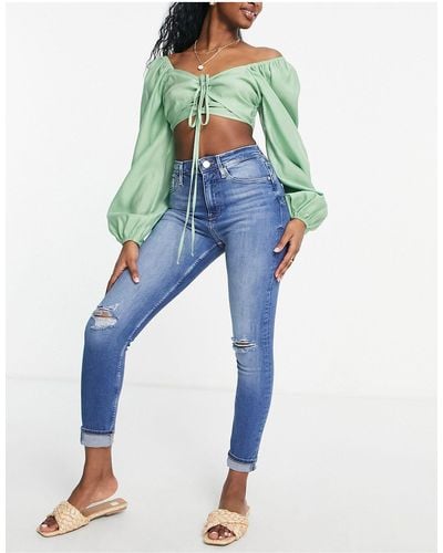 River Island High Waisted Ripped Skinny Jeans - Blue