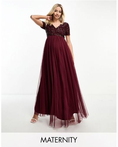 Maya Maternity Bridesmaid Short Sleeve Maxi Tulle Dress With Tonal Delicate Sequins - Red