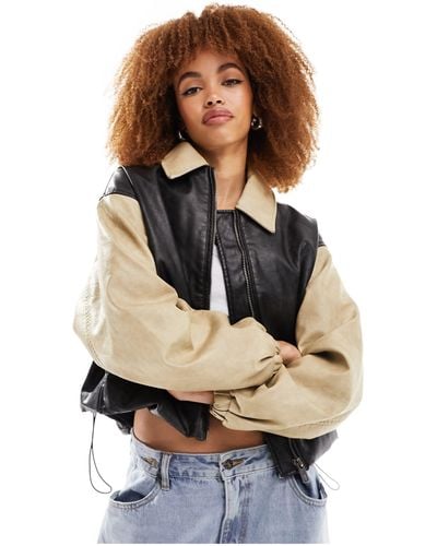 Lioness Leather Look Contrast Bomber Jacket - Natural