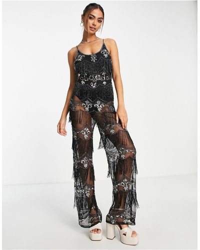 Miss Selfridge Premium Festival Embellished Scooped Cami Jumpsuit With Sheer Trousers - White