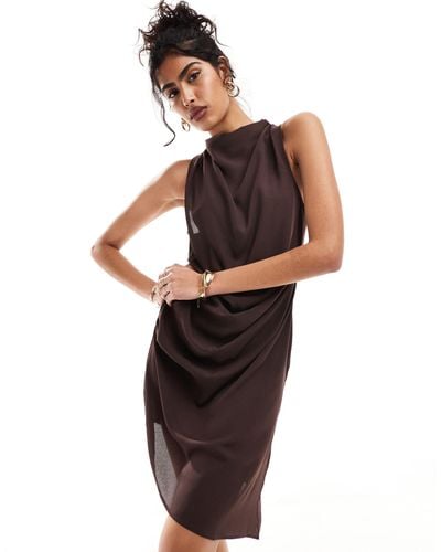 ASOS Cowl Neck Drape Asymmetric Midi Dress - Brown