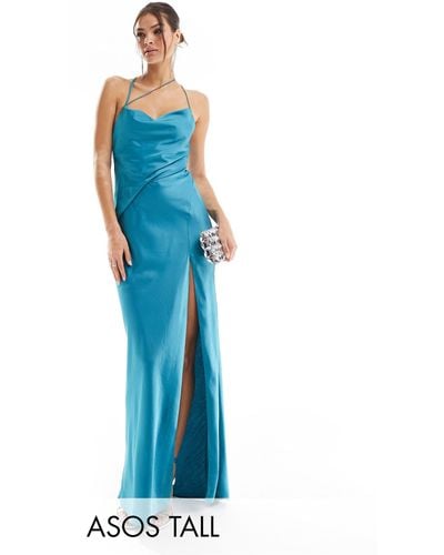ASOS Asos Design Tall Satin Textured Overlay Maxi Dress With Open Back Detail - Blue