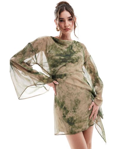 ASOS Long Sleeve Cowl Slash Neck Mini Dress With Asym Hem - Metallic