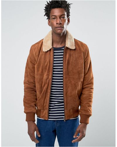 Bellfield Clothing Suede Borg Lined Tan Bomber - Blue