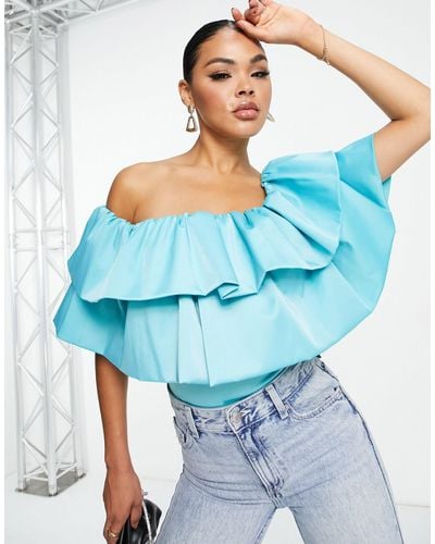 ASOS Going Out Ultimate Off Shoulder Double Ruffle Bodysuit - Blue