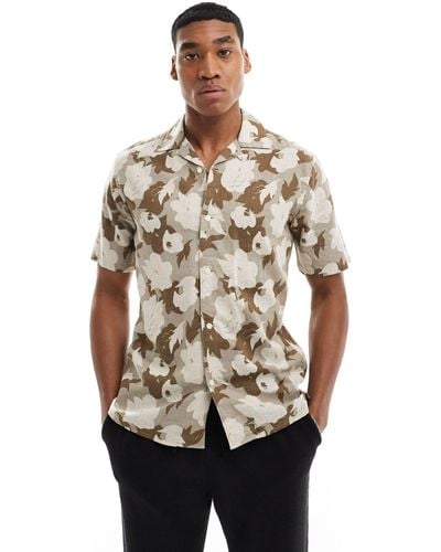 Only & Sons Linen Mix Revere Collar Floral Shirt - Natural