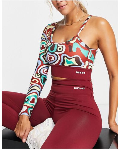 Daisy Street Active Swirly Print One Sleeve Crop Top - Red