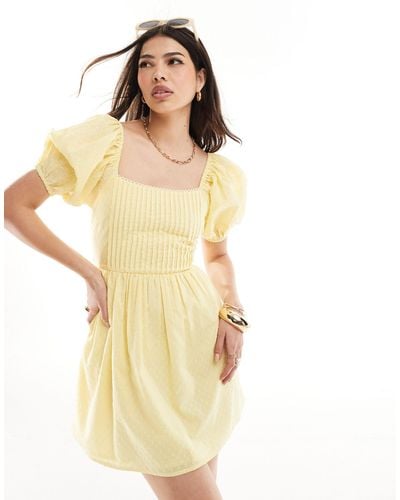 ASOS Cotton Dobby Mini Dress With Lace Up Back - Yellow