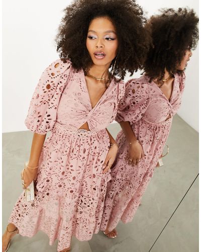 ASOS Eyelet Twist Front Midi Dress With Puff Sleeve - Pink