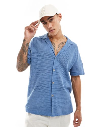 ASOS Short Sleeve Relaxed Deep Revere Cotton Basket Texture Shirt - Blue
