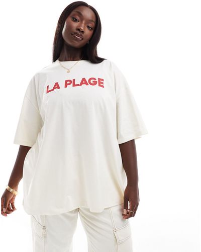 ASOS Asos Design Curve Boyfriend Fit T-shirt With La Plage Graphic - White