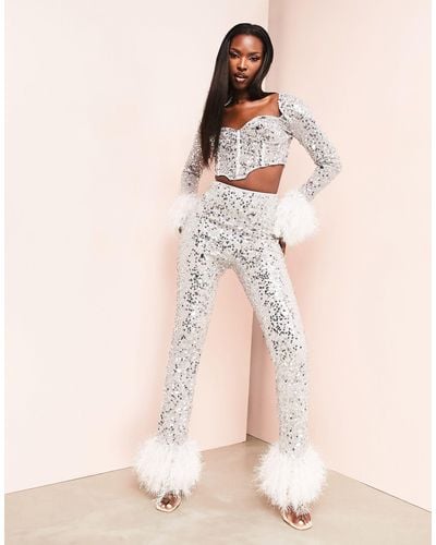 ASOS Faux Feather Trim Sequin Trousers - Natural