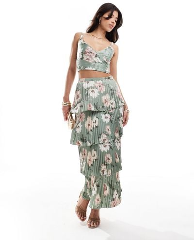 Abercrombie & Fitch Tiered Floral Print Satin Maxi Skirt - Green
