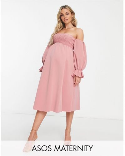ASOS Asos Design Maternity Shirred Bardot Blouson Midi Dress - Pink