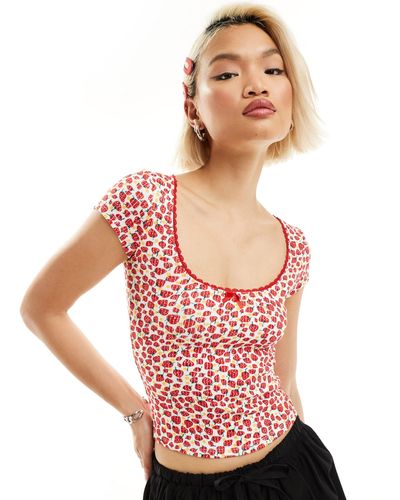 Motel Strawberry Print Bow Detail Top - Red