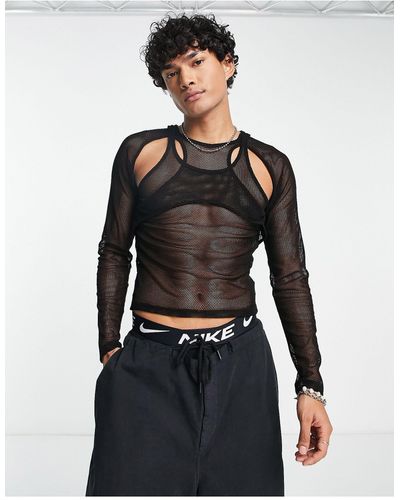 Reclaimed (vintage) Long Sleeve Mesh Top With Overlay - Black
