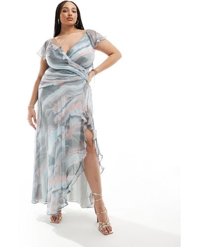 ASOS Asos Design Curve Wrap Front Ruffle Maxi Dress With High Split Detail - Blue
