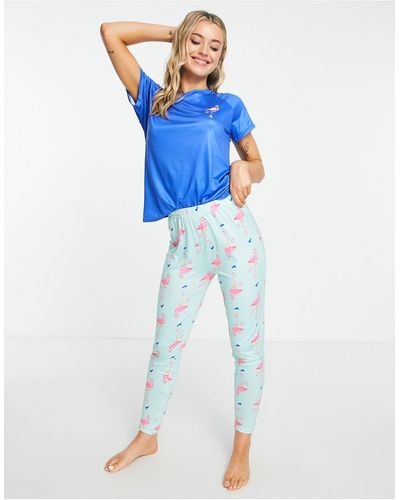 Loungeable Pyjamaset Met T-shirt En legging Met Skatende Flamingo's - Blauw