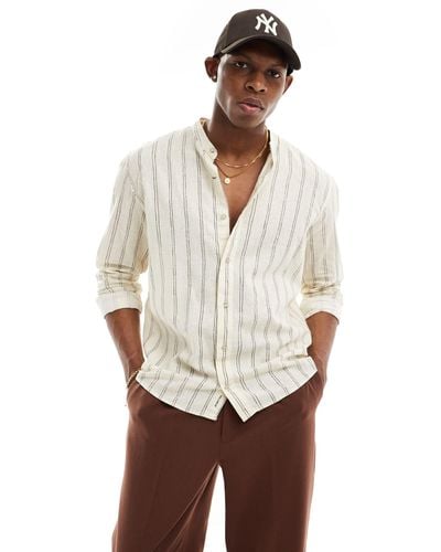 Pull&Bear Linen Stripe Grandad Neck Shirt - White