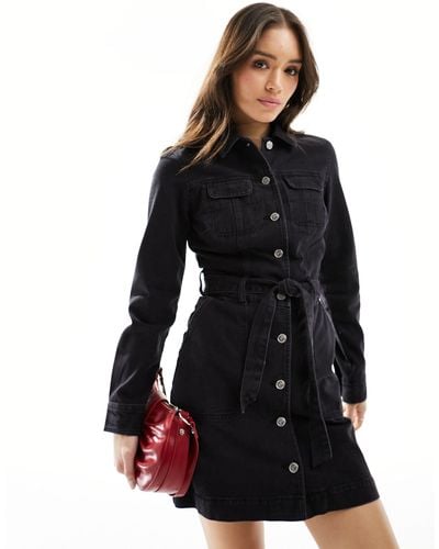 Miss Selfridge Denim Long Sleeve Mini Dress With Collar Detail - Black