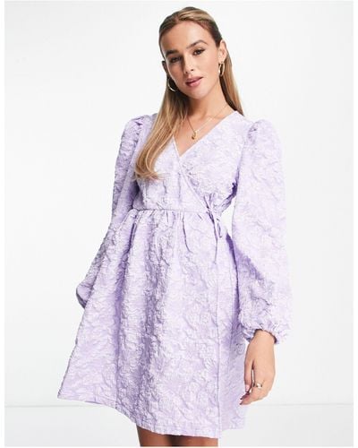 Monki Jacquard Wrap Front Mini Dress With Long Sleeve - Purple