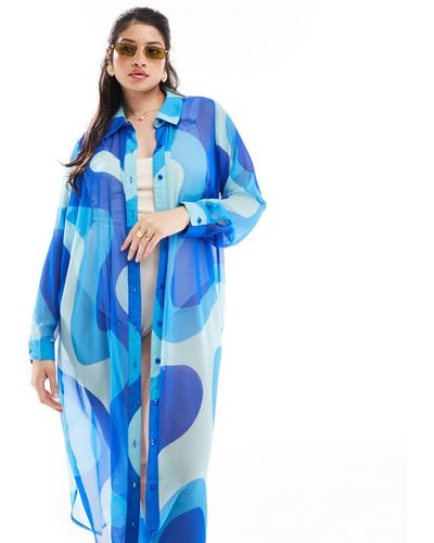 Yours – strand-kimono mit abstraktem muster - Blau