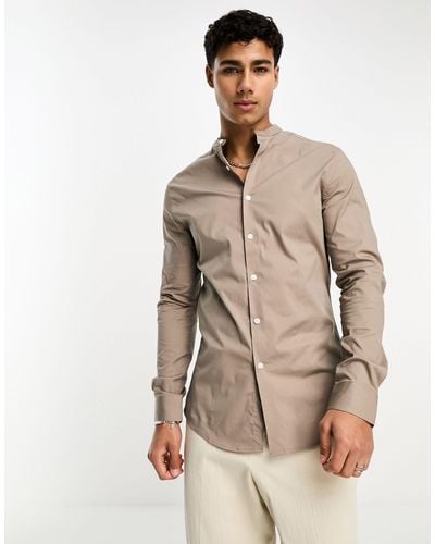 ASOS Skinny Fit Shirt With Grandad Collar - Brown