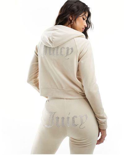 Juicy Couture Diamante Velour Tracksuit Zip Hoodie Co-ord - Natural