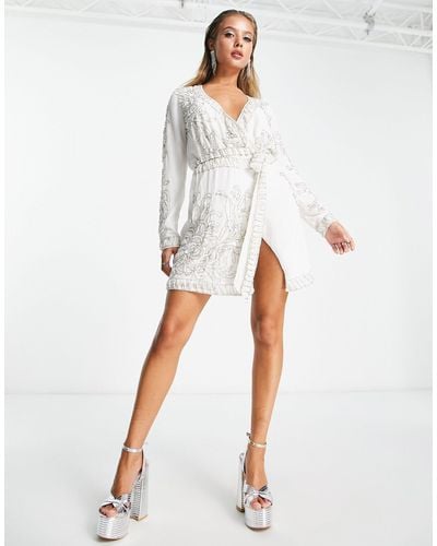 ASOS Embellished Wrap Front Mini Dress With Tie Detail - White