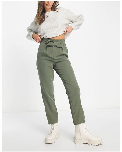 New Look Paperbag Tie Waist Straight Leg Pants - Green