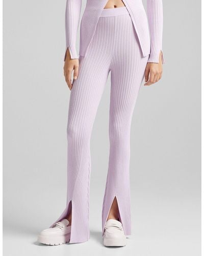 Bershka Knitted Rib Detail Trousers With Split Detail - Pink