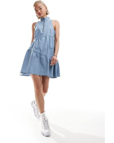 Collusion Cotton Mini Asymmetric Smock Dress With Zip Detail - Blue