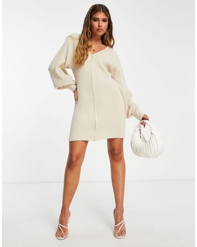 In The Style Exclusive Knitted Zip Detail Volume Sleeve Mini Dress - Natural
